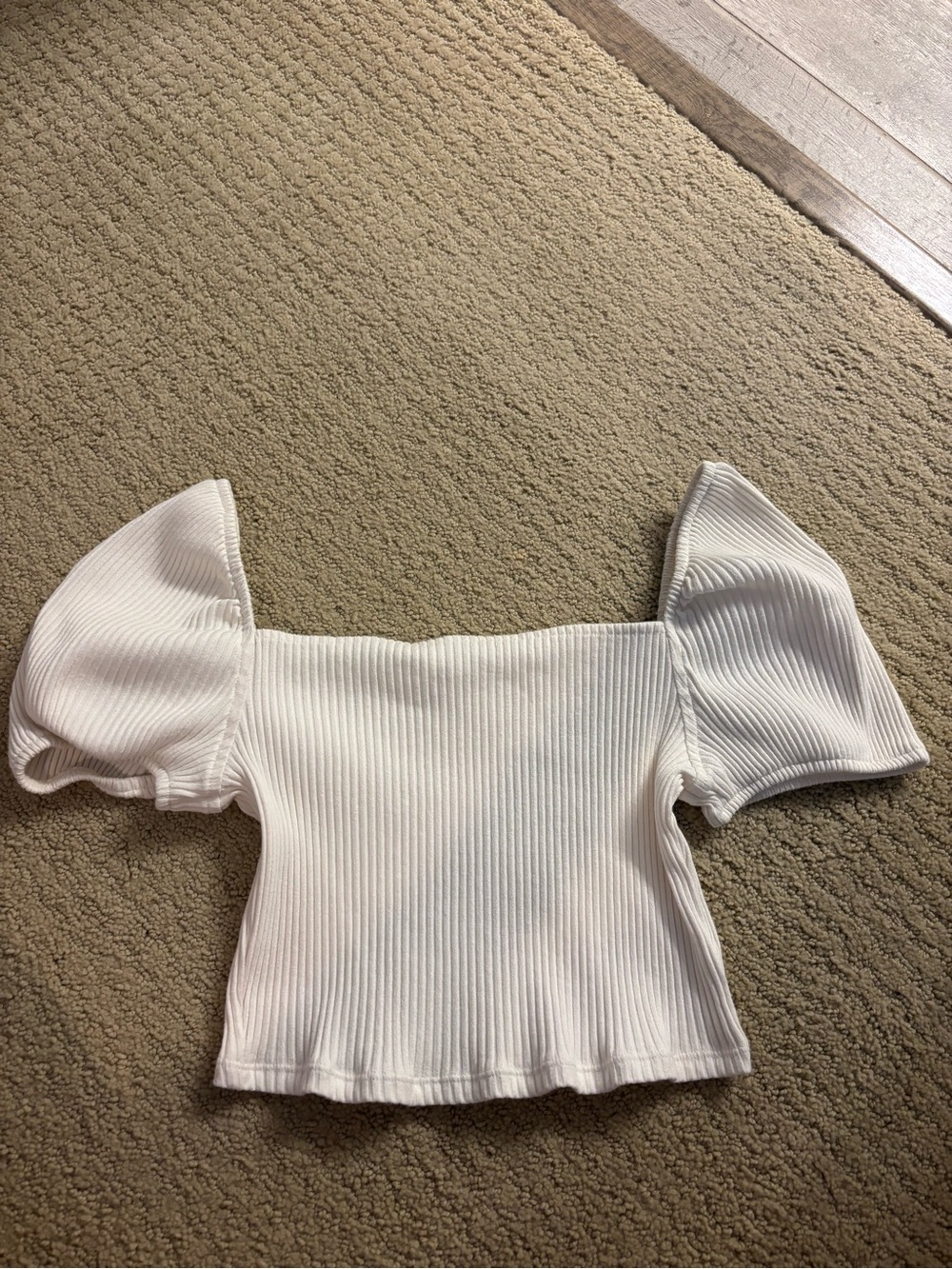 H&M White Ribbed Square-Neck Puff Sleeve Crop Top